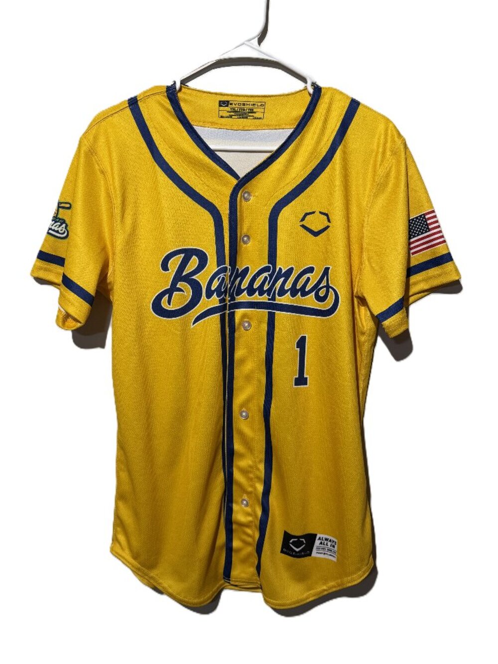 EvoShield Savannah Bananas Jersey #1 Youth XL Yellow Button Front Baseball